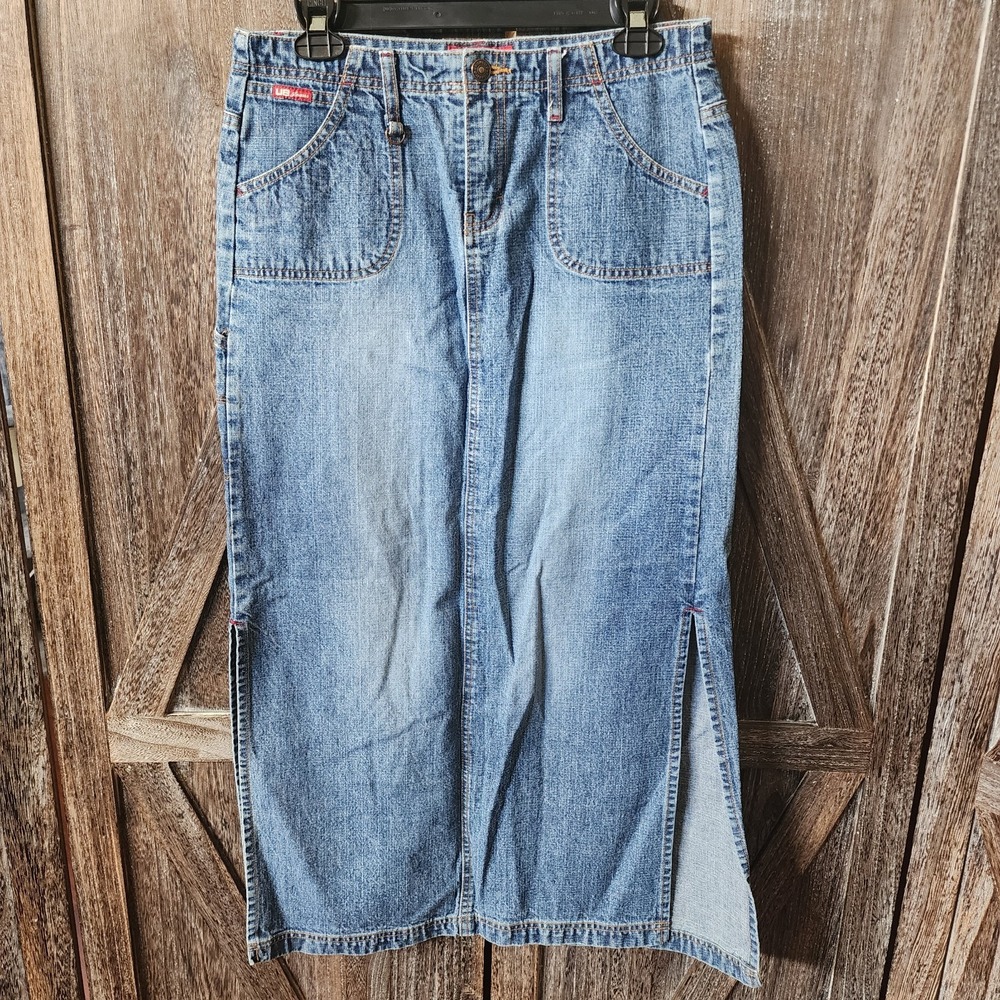 Unionbay Skirt Women's Size 9 Blue Maxi Side Slits Y2K Denim Vintage Pockets